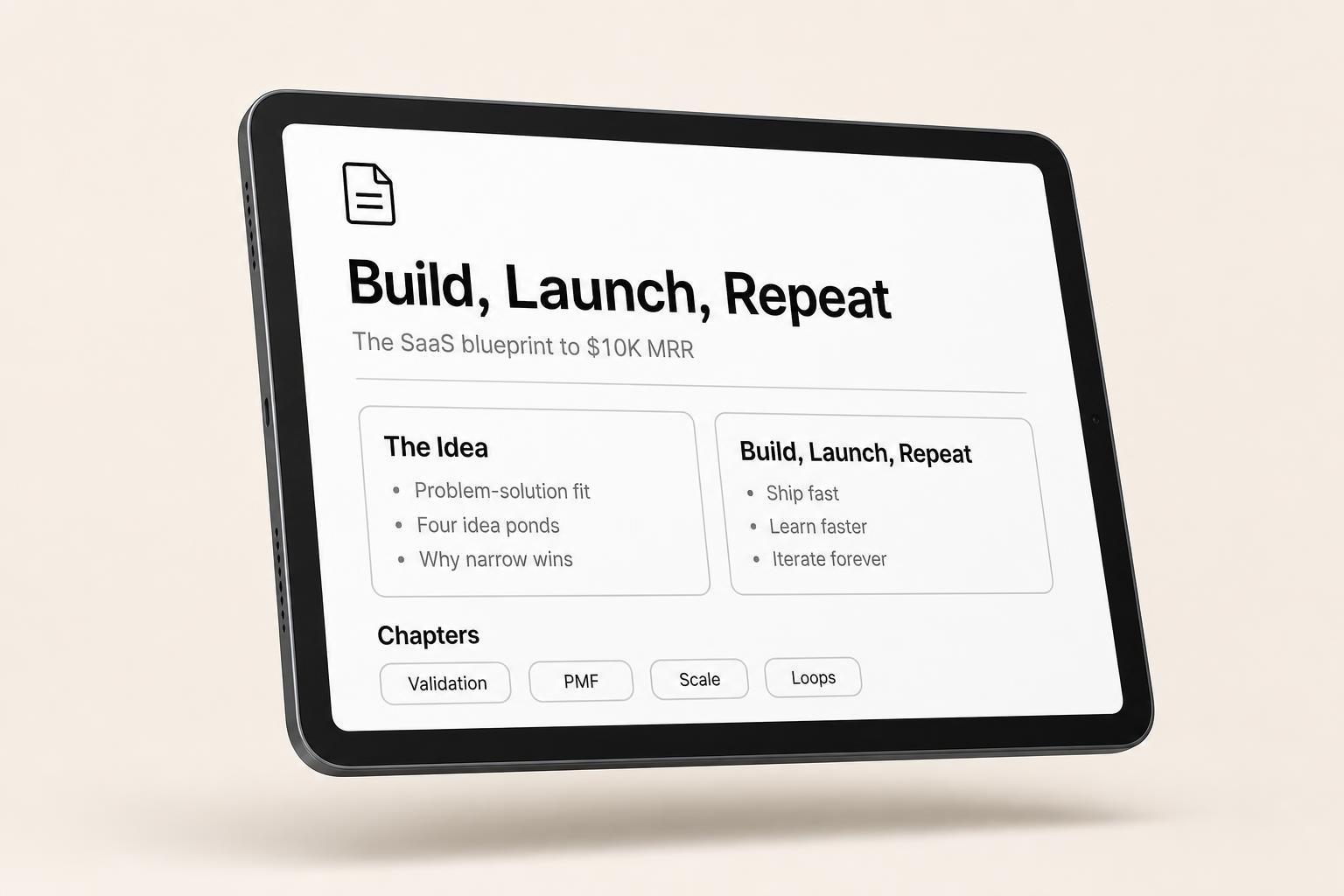 Preview of the Build, Launch, Repeat eBook on an iPad