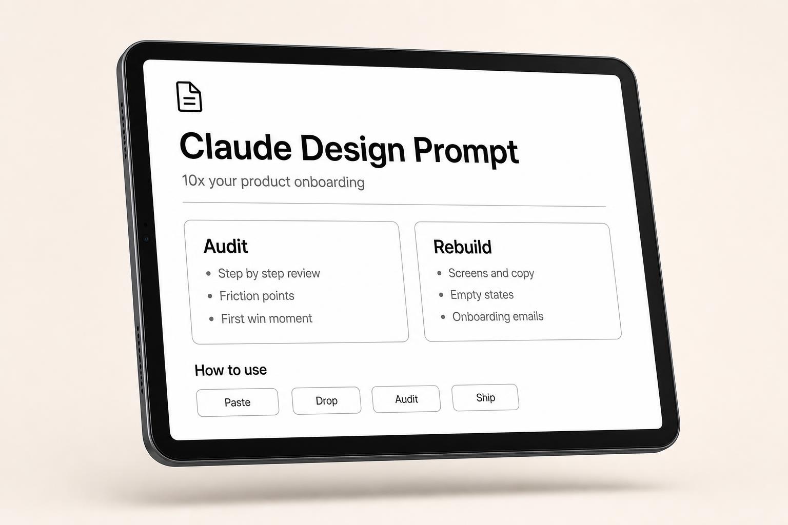 Preview of the Claude Design onboarding prompt on an iPad