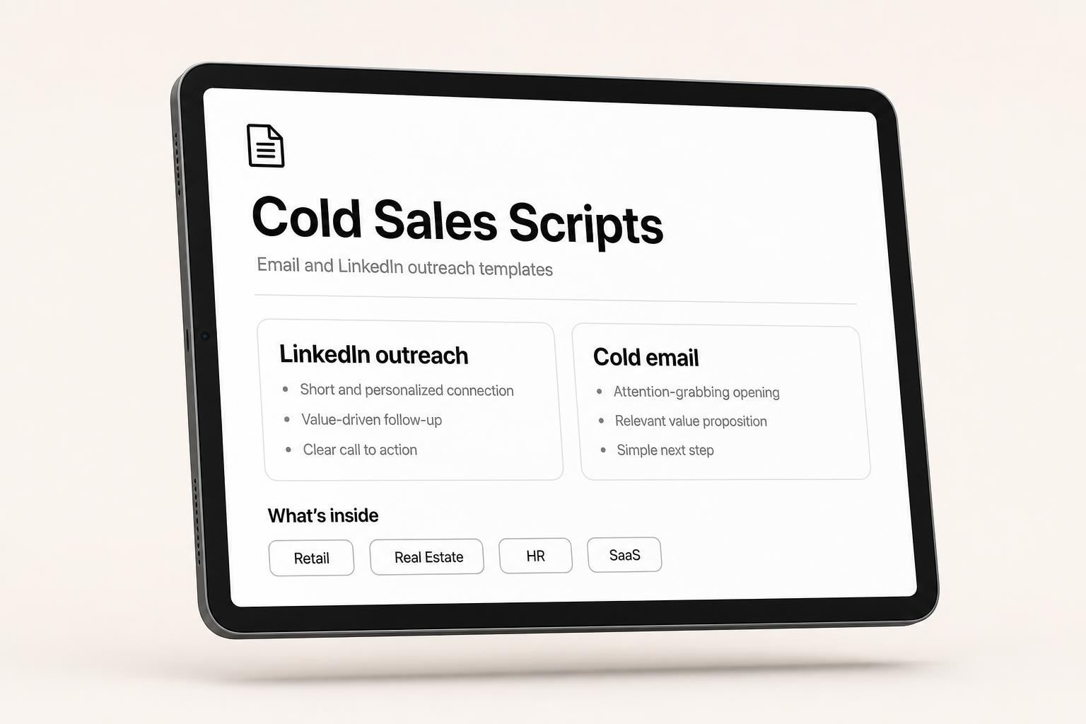 Preview of the Cold Sales Scripts pack on an iPad
