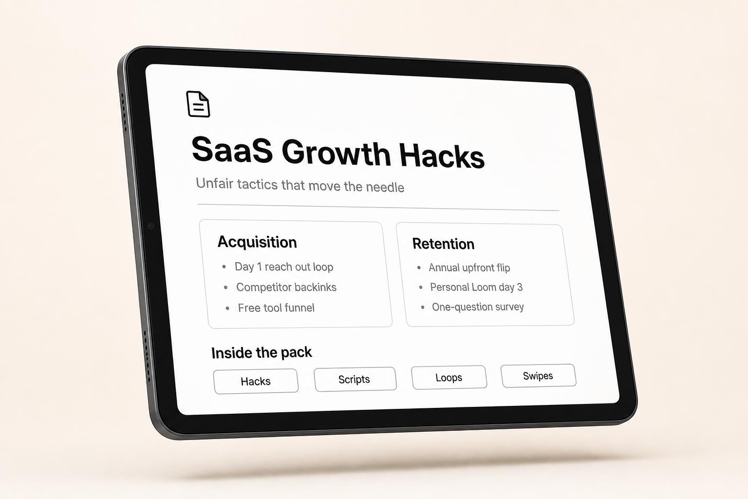 Preview of the SaaS Growth Hacks pack on an iPad