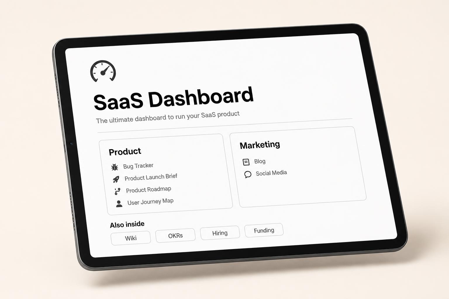 Preview of the SaaS Notion Dashboard template on an iPad